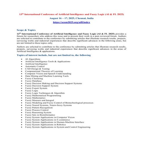 13th International Conference of Artificial Intelligence and Fuzzy Logic (AI ...