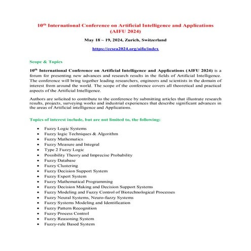 10th International Conference on Artificial Intelligence and Applications (AI...