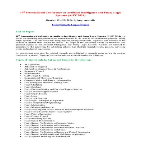 10th International Conference on Artificial Intelligence and Fuzzy Logic Syst...