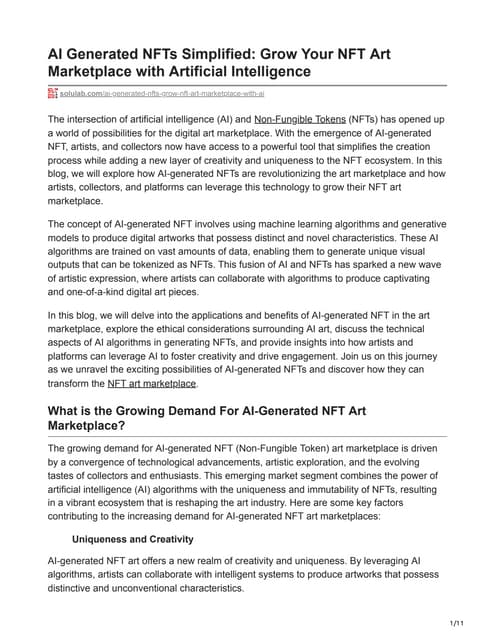 AI Generated NFTs Simplified Grow Your NFT Art Marketplace with Artificial In...