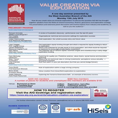 Value Creation via Exploration - Australian Institute of Geoscientists - 13th July 2015 - Perth - Registration Flyer