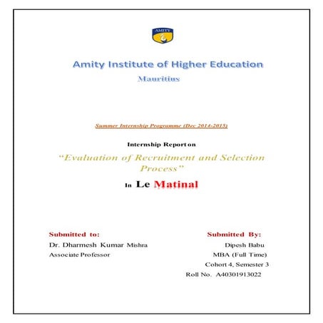 Aihe  internship project report  on  evaluation of recruitment and selection ...