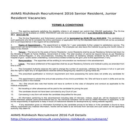 Aiims rishikesh recruitment 2016 senior resident, junior resident vacancies