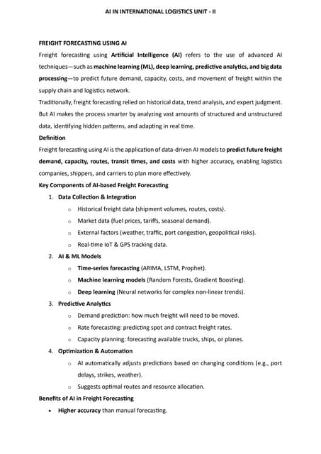 AI in International Logistics Unit - II - Automation, Forecasting, and AI Applications in Logistics