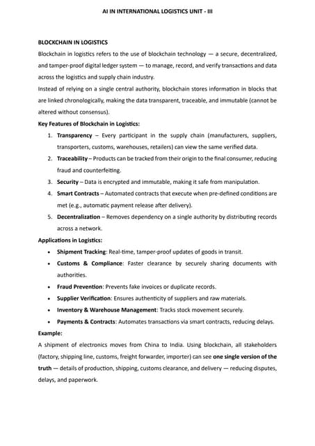 AI in International Logistics Unit - III - Blockchain, Decision Support Systems, and IoT in Logistics