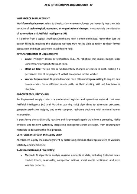 AI in International Logistics Unit - IV - AI-Driven Supply Chains, Workforce Transformation, and Cybersecurity
