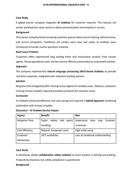 AI in International Logistics Unit - V - Case Studies in AI-Enabled International Logistics