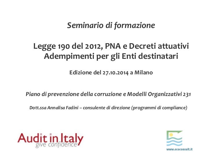 Legge 190 Del 2012 E Piano Nazionale Anticorruzione