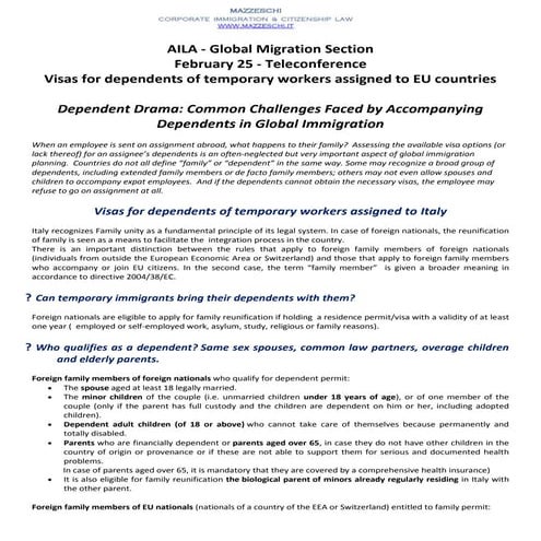 Italy - Visas for dependents of temporary workers assigned to Italy