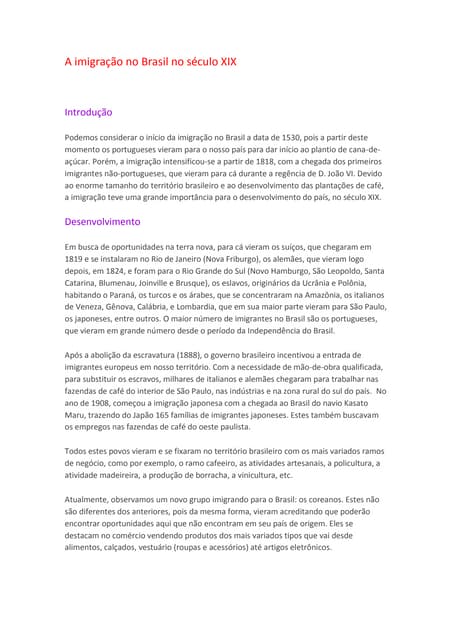 A imigração no brasil no século XIX