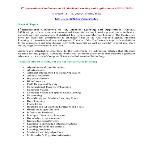 CFP - 5th International Conference on AI, Machine Learning and Applications (AIMLA 2025)