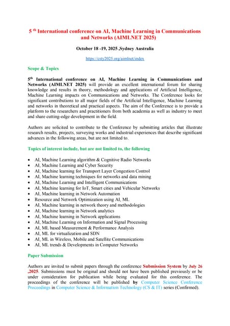 5th International Conference on AI, Machine Learning in Communications and Networks (AIMLNET 2025)