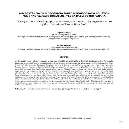 A importância da hidrografia sobre a biogeografia aquática   2012