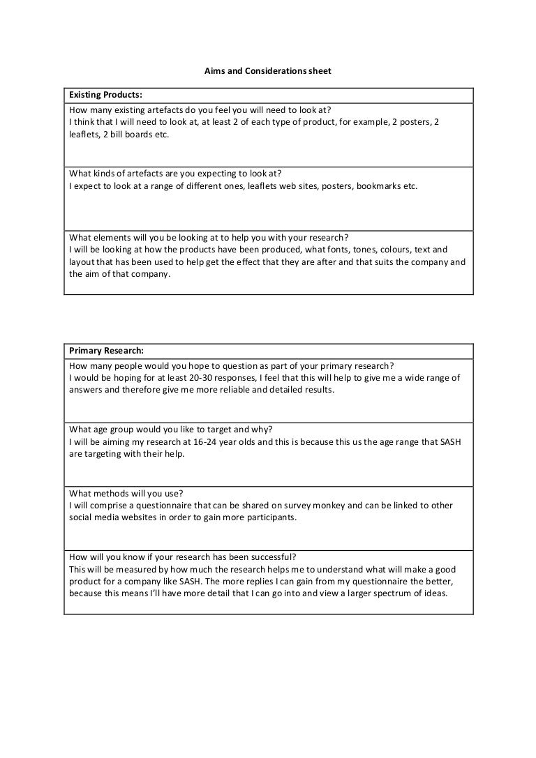 Aims and considerations sheet