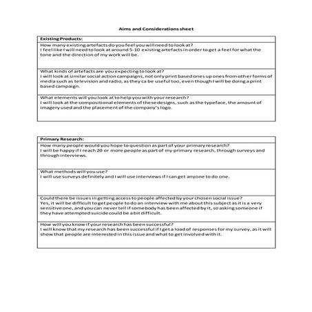 Aims and considerations sheet