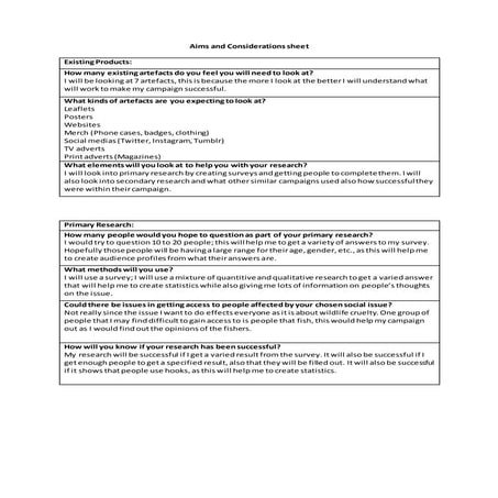 Aims and considerations sheet