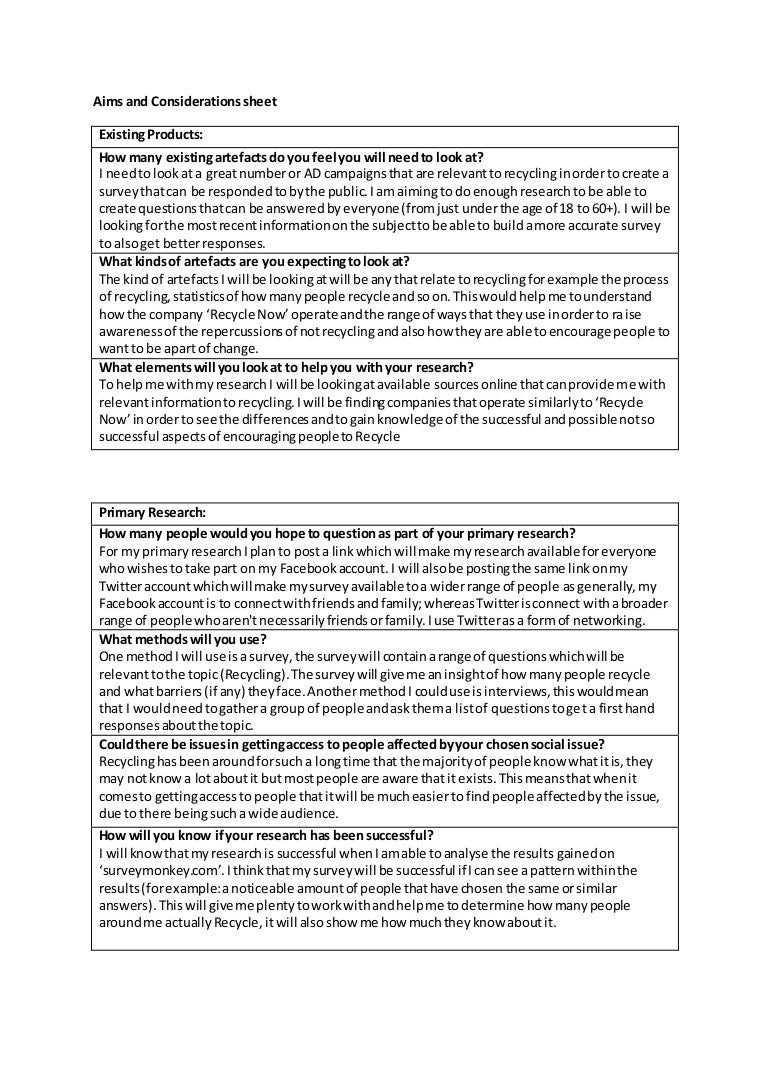 Aims and considerations sheet