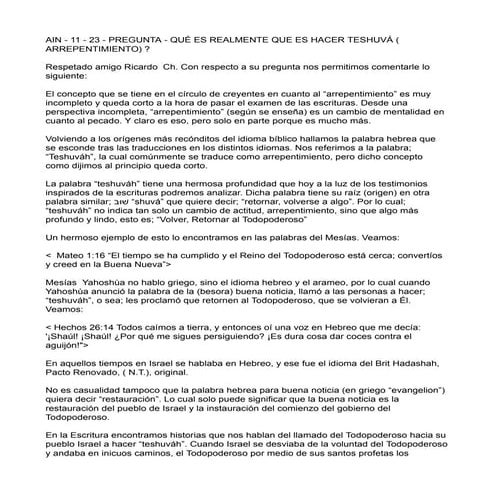 AIN - 11 - 23 - PREGUNTA - QUÉ ES REALMENTE QUE ES HACER TESHUVÁ ( ARREPENTIM...
