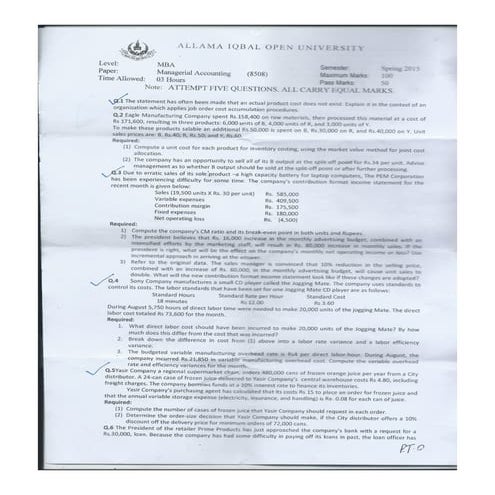 AIOU Old Paper  Mangerial Accounting (8508) Spring 2015