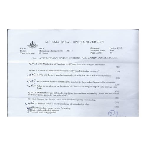 AIOU Old Paper  Marketing Management (8511) Spring 2015