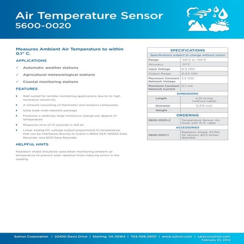Air temperature sensor 5600-0020 datasheet
