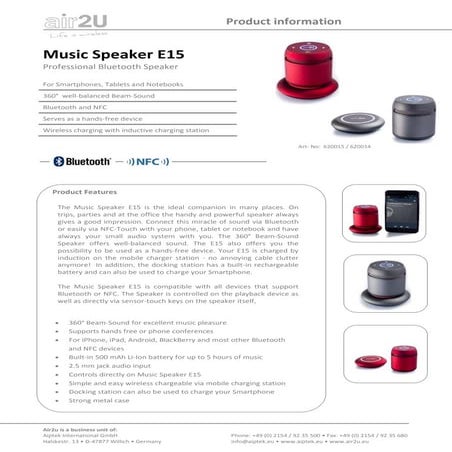 Air2 u music-speaker-e15_datasheet