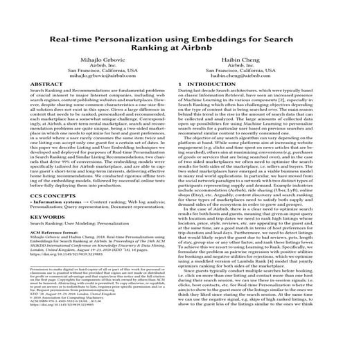 [Airbnb Embedding] Real-time Personalization using Embeddings for Search Rank...