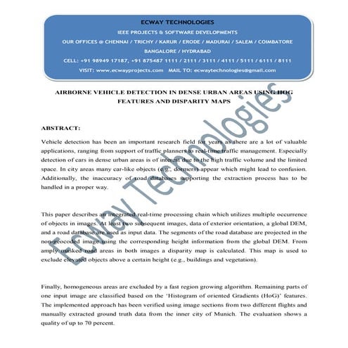 Airborne vehicle detection in dense urban areas using ho g features and dispa...