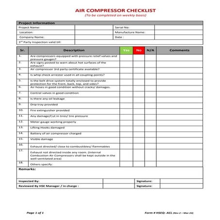 AIR COMPRESSOR CHECKLIST Form # HSEQ - ACL Rev 2.docx