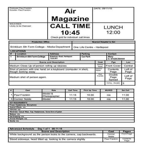 Call sheet | DOCX