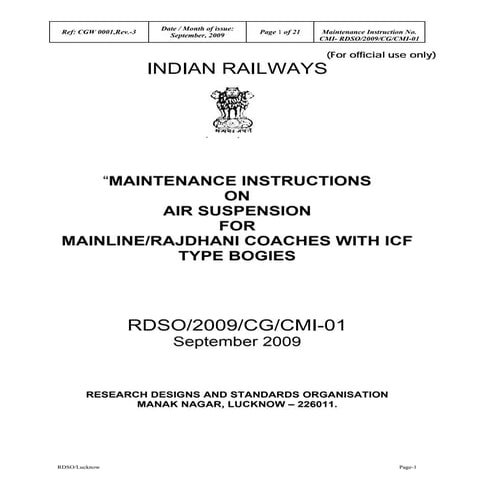 Maintenance instructions on Air Suspension RDSO 2009-CG-CMI-01