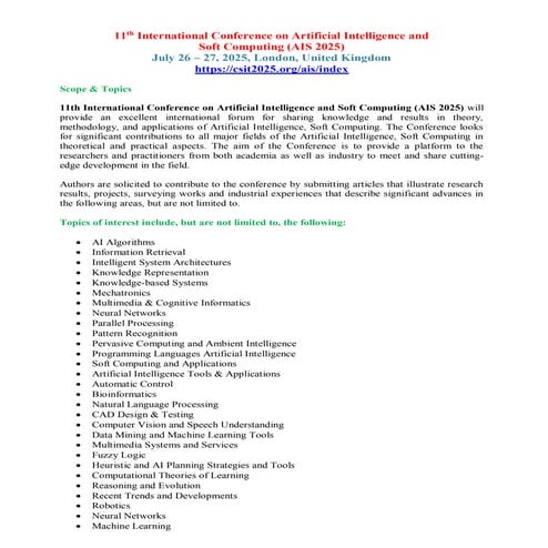 11th International Conference on Artificial Intelligence and Soft Computing (AIS 2025)