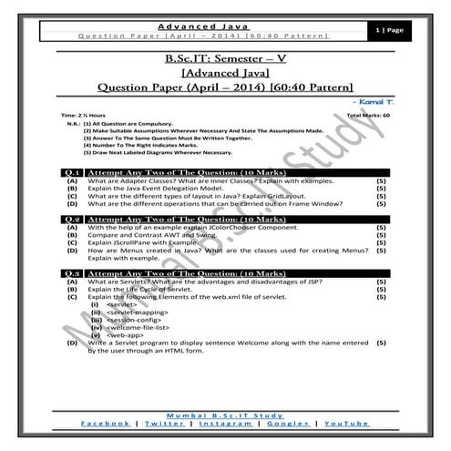 [Question Paper] Advanced Java (60:40 Pattern) [April / 2014]