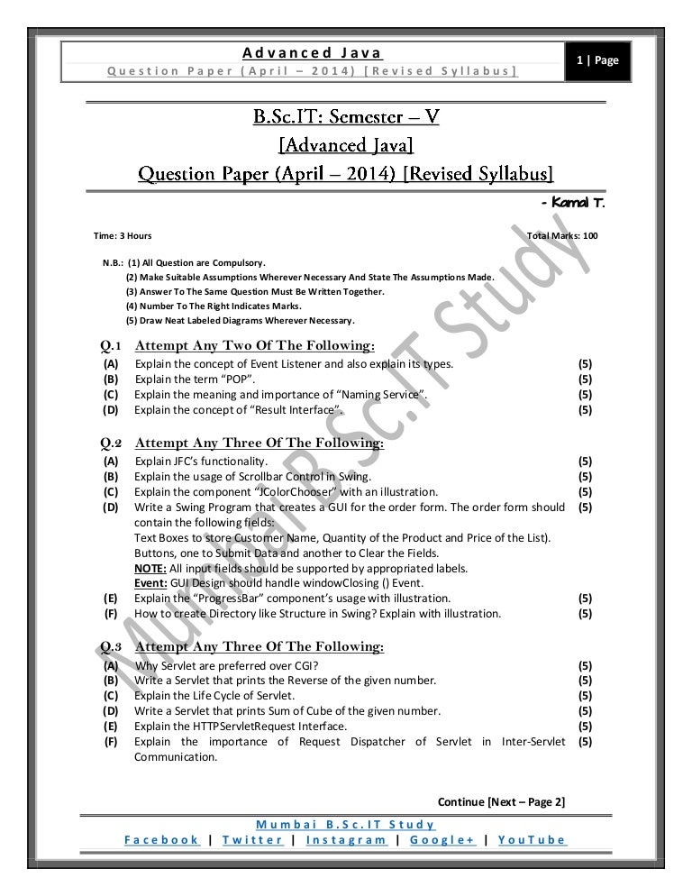 Advanced Java (Revised Syllabus) [QP / April - 2014]