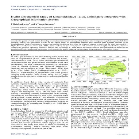 Hydro Geochemical Study of Kinathukkadavu Taluk, Coimbatore Integrated with G...