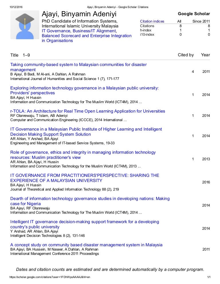Ajayi Binyamin Adeniyi Google Scholar Citations