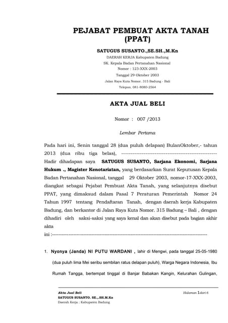 Contoh Akta Pembagian Hak Bersama (APHB) | DOCX
