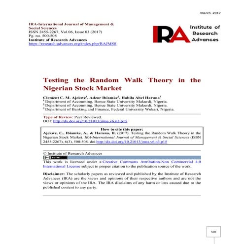 Ajekwe et al. 2017 testing the random walk theory in the nigerian stock market