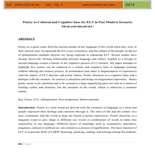 Poetry as Cultural and Cognitive base for ELT in Post Modern Scenario