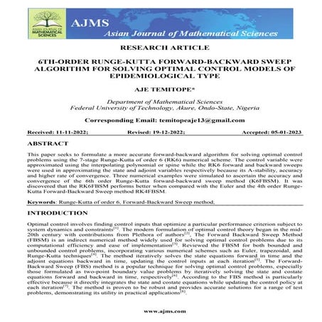 6TH-ORDER RUNGE-KUTTA FORWARD-BACKWARD SWEEP ALGORITHM FOR SOLVING OPTIMAL CO...
