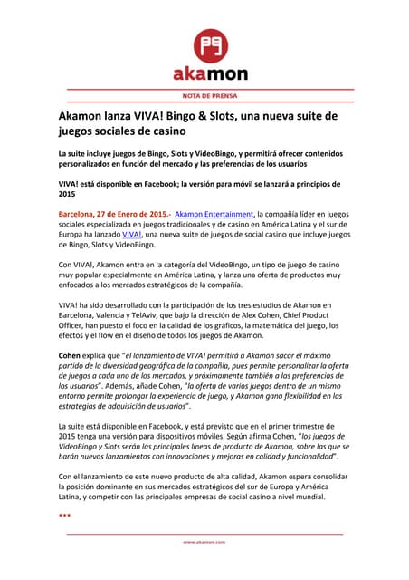NdP_ Akamon lanza VIVA! Bingo & Slots, una nueva suite de juegos sociales de casino