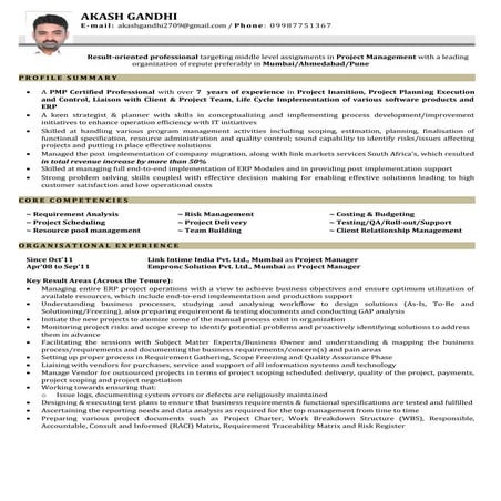 Resume for Project manager with 8 years of expirience