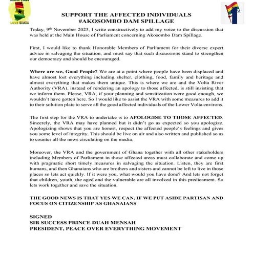 AKOSOMBO DAM SPILLAGE- APOLOGISE AND SUPPORT THE AFFECTED INDIVIDUALS- PRINCE DUAH MENSAH.pdf