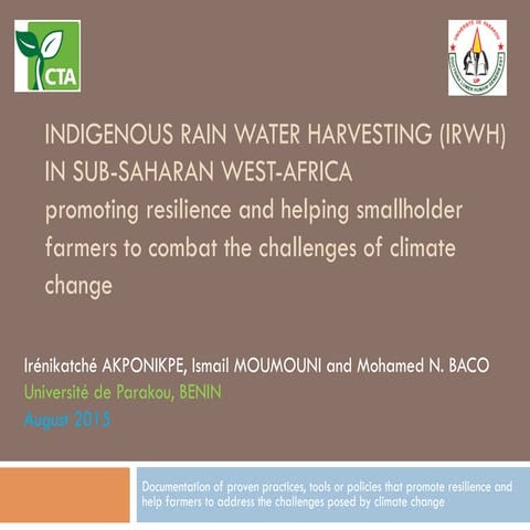 Indigenous rain water harvesting (irwh) in sub-saharan west-africa promoting ...