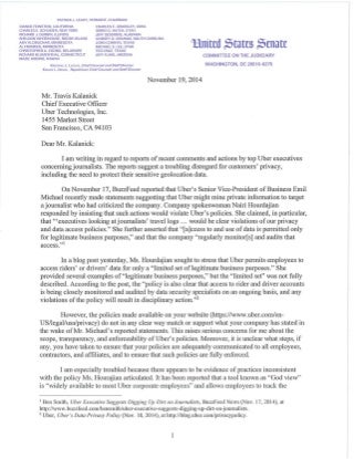 Senator Al Franken's Letter To Uber CEO Travis Kalanick