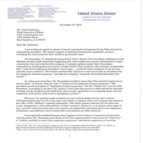 Senator Al Franken's Letter To Uber CEO Travis Kalanick