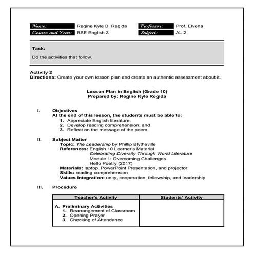 Detailed Lesson Plan with Authentic Assessment (Sample)