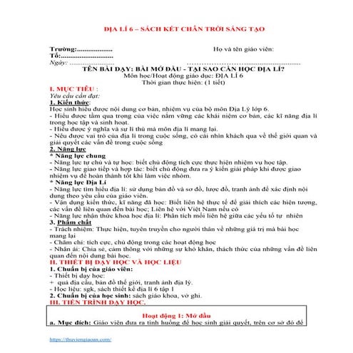 Giáo án môn Địa lí Lớp 6 - Sách Chân trời sáng tạo - Chương trình đầy đủ cả năm