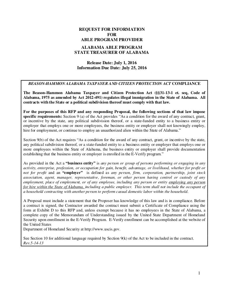 Alabama ABLE Request for Information - July 1, 2016