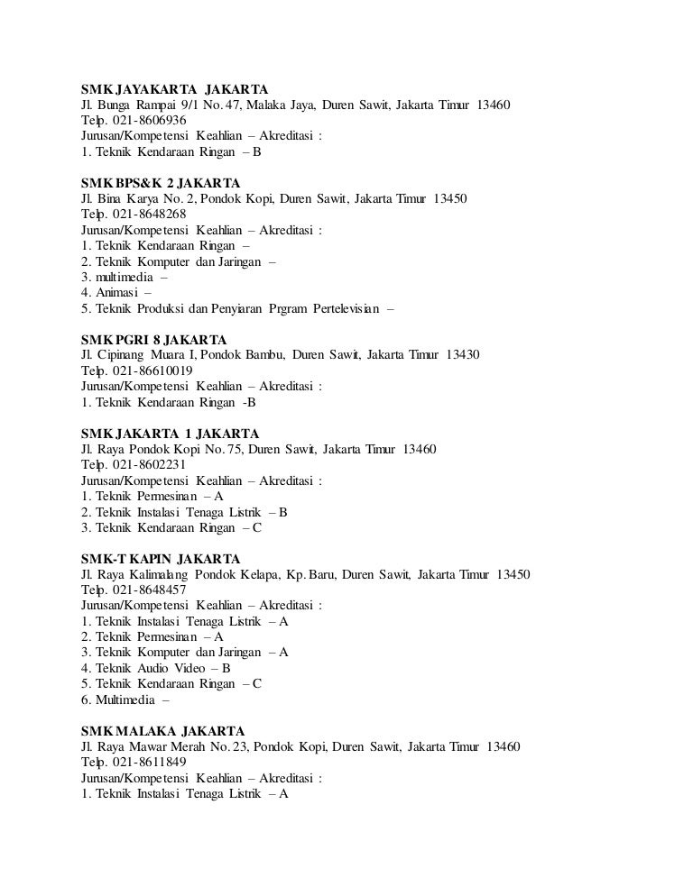 Alamat Smk Swasta Jakarta Timur